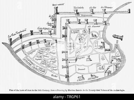 Plan de la ville d'Acre au 14e siècle, d'après un dessin de Santo Martino dans le premier volume de 20/20 de l'Archaeologia, Illustration de John Cassell's Illustrated History of England, Vol. I à partir de la première période du règne de Édouard le quatrième, Cassell, Petter et Galpin, 1857 Banque D'Images