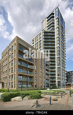 Nouveau appartement riverside blocs sur la péninsule de Greenwich de Londres, une zone de grandes nouveau développement résidentiel par le promoteur chinois Dragon Knight. Banque D'Images