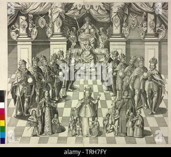 Maison de Habsbourg, l'empereur romain et roi allemand de la maison de Habsbourg, Rodolphe I - Ferdinand III, Gertrude de Hohenberg (crête) ( ?), dans l'avant-plan l'épouse le roi Philippe IV d'Espagne et l'empereur Ferdinand II, ainsi que la veuve de l'Archiduc Leopolds C. von Tyrol avec leur progéniture, circa 1641 vivant Additional-Rights Clearance-Info-Not-Available- Banque D'Images