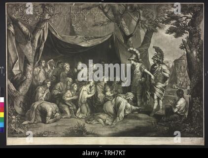 Alexandre le Grand entre dans la tente du Darius, Alexandre le Grand et Hephaistion entrant dans la tente de la famille de la vanquish Darius après la bataille d'Issos. La Reine et la suite entière pitch devant Alexander low mezzotinte par Robert Laurie basé sur miroir inversé de peinture de Charles Le Brun. La peinture par Le Brun l'écoute d'une série avec l'abattage de Alexander le Grand, Additional-Rights Clearance-Info-Not-Available- Banque D'Images