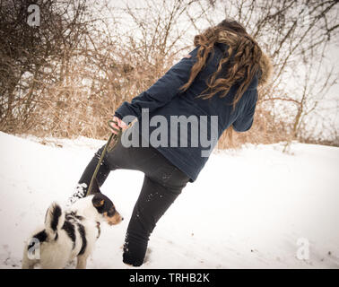 Jeune fille marche dans la soirée avec ses longs cheveux bruns et la neige qui tombe dans le vent avec son fidèle meilleur ami son chien Jack Russell Banque D'Images