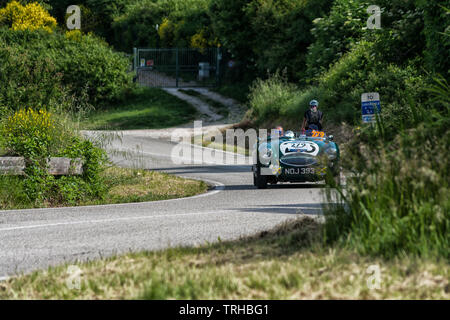 PESARO COLLE SAN BARTOLO , ITALIE - MAI 17 - 2018 : Austin Healey 100 S 1953 sur une vieille voiture de course en rallye Mille Miglia 2018 le célèbre italien histori Banque D'Images