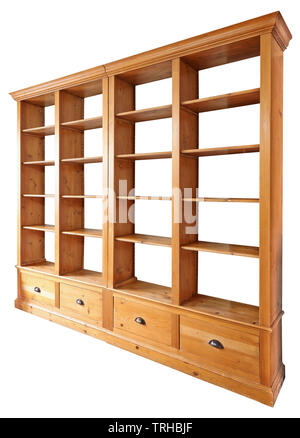 Bibliothèque en bois double vide en perspective isolated on white with clipping path Banque D'Images