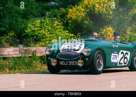 PESARO COLLE SAN BARTOLO , ITALIE - MAI 17 - 2018 : Austin Healey 100 S 1953 sur une vieille voiture de course en rallye Mille Miglia 2018 le célèbre italien histori Banque D'Images