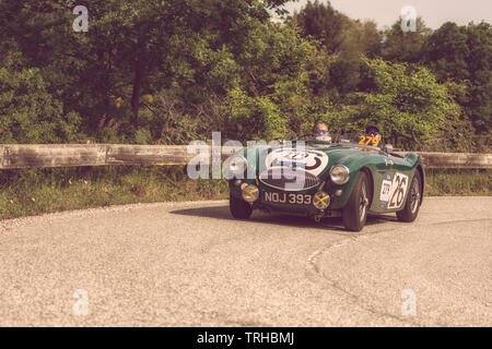 PESARO COLLE SAN BARTOLO , ITALIE - MAI 17 - 2018 : Austin Healey 100 S 1953 sur une vieille voiture de course en rallye Mille Miglia 2018 le célèbre italien histori Banque D'Images