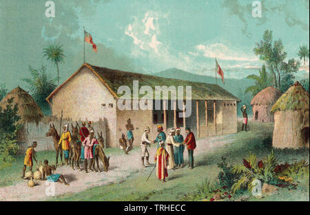 DAVID LIVINGSTONE à droite en rouge veste et Henry Stanley réunion commerçants arabes à Kwirara en 1872 Banque D'Images