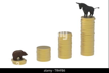 Bull et portent sur des pièces d'or un symbole de pile de la bourse. Hausse des marchés boursiers. 3D illustration Banque D'Images
