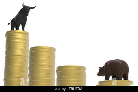 Bull et portent sur des pièces d'or un symbole de pile de la bourse. La chute du marché boursier. 3D illustration Banque D'Images