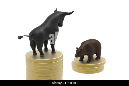 Bull et portent sur de petites pièces d'or un symbole de pile de la bourse. La chute du marché boursier. 3D illustration Banque D'Images
