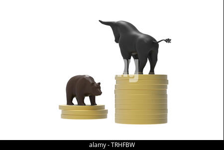 Bull et portent sur des pièces d'or un symbole de pile de la bourse derrière. La chute du marché boursier. 3D illustration Banque D'Images
