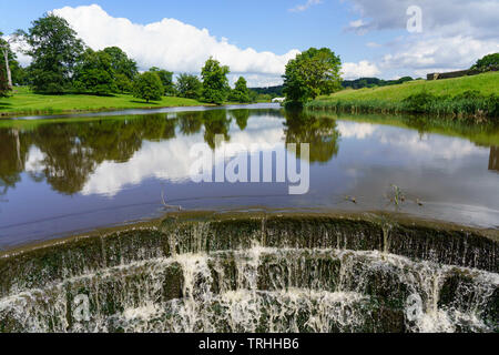 Lac tranquille et cascade avec arbres verdoyants en arrière-plan dans le domaine du château de Ripley. Harrogate, Yorkshire du Nord, Angleterre, Royaume-Uni. Banque D'Images