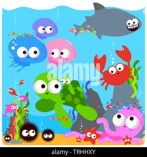 Mignons poissons, poulpes, méduses, tortues de mer et personnages de requins nageant sous la mer. Animaux marins colorés nageant sous l'eau. Banque D'Images