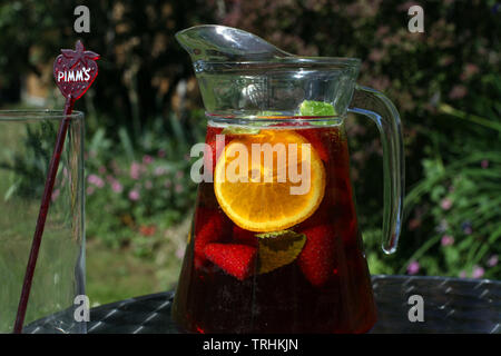 Pichet de limonade en extérieur et Pimms sunshine avec verre vide Banque D'Images