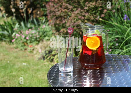 Pichet de Pimms et limonade dehors au soleil avec vide verre avec espace de copie Banque D'Images