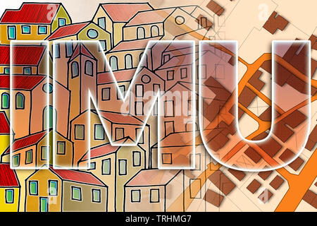 IMU (ce qui signifie l'impôt municipal unique) le plus impopulaire taxe italienne sur les terrains et immeubles - Notion de droit contre un plan cadastral du territoire Banque D'Images