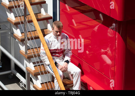 Barcelone, Espagne, 14 mai 2019 - Kimi Raikkonen de Finlande de (7) Alfa Romeo Racing en paddock durant le test de mi-saison de F1 au Circuit de Catalunya. Banque D'Images