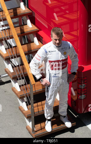 Barcelone, Espagne, 14 mai 2019 - Kimi Raikkonen de Finlande de (7) Alfa Romeo Racing en paddock durant le test de mi-saison de F1 au Circuit de Catalunya. Banque D'Images