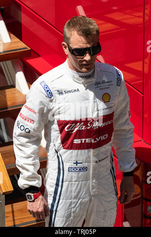 Barcelone, Espagne, 14 mai 2019 - Kimi Raikkonen de Finlande de (7) Alfa Romeo Racing en paddock durant le test de mi-saison de F1 au Circuit de Catalunya. Banque D'Images