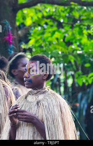 Cérémonie de bienvenue traditionnelle par les habitants de l'herbe portant des jupes, de l'île de Tanna, Vanuatu, Mélanésie Banque D'Images