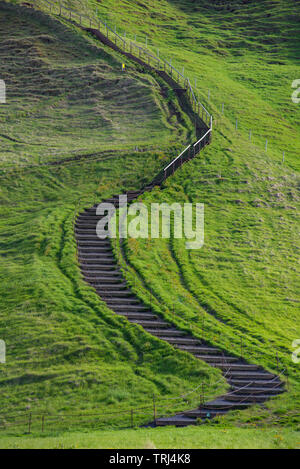 Petit chemin menant une colline verte près de cascade Skogafoss, Islande Banque D'Images