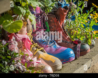 Des fleurs colorées en bottes peintes utilisées comme des jardinières à l'extérieur Banque D'Images