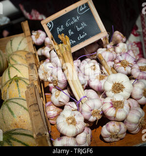 L'ail frais sur la vente au marché français Dordogne Banque D'Images