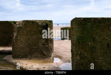 Blocs de béton utilisés comme moyens de défense de la mer durant la Seconde Guerre mondiale 2 déposée dans le sable sur la plage à marée basse sur matin lumineux, Fraisthorpe, Yorkshire, UK. Banque D'Images