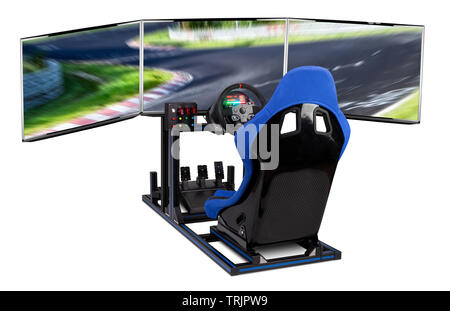 DIY simracing simulateur aluminium rig pour course de jeux vidéo. Baquet voiture de sport automobile bleu volant et pédales tripes écran Configuration du moniteur isola Banque D'Images