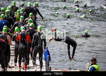 Les triathlètes sauter dans un lac sur le 1er niveau natation section triathlon à un événement tenu à Blenheim Palace, Oxfordshire, UK Banque D'Images