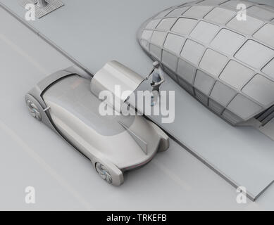 Les gens utilisent le style polygone faible smartphone pour demander une conduite auto voiture pour se déplacer. Covoiturage concept. L'image de rendu 3D'argile. Banque D'Images