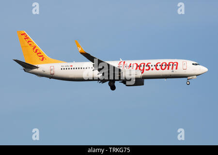 Pegasus Airlines Boeing 737-800 immatriculé TC-CPJ en approche finale de l'aéroport Atatürk d'Istanbul (IST), Turquie, mars 2019 Banque D'Images