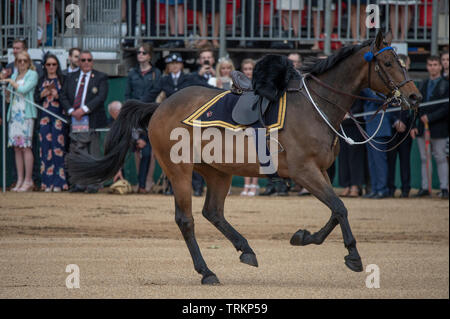 Horse Guards Parade, Londres, Royaume-Uni. 8 juin 2019. Soldats du 1st Battalion Grenadier Guards Troop leur couleur en présence de Sa Majesté la Reine à l'anniversaire de la Reine et parade devant une salle comble. Deux chevaux dans l'Escorte Royale déloger leurs cavaliers. Credit : Malcolm Park/Alamy Live News. Banque D'Images