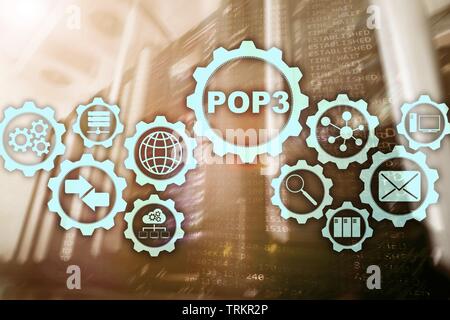 POP3. Post Office Protocol Version 3. Le protocole Internet standard sur fond de datacenter. Banque D'Images