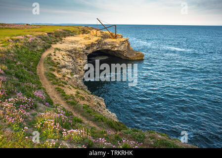 L'éclairage de la carrière désaffectée sur une grue ou un palan grotte marine à Portland Bill sur l'Île de Portland, la côte jurassique du Dorset, Angleterre, Royaume-Uni. Banque D'Images