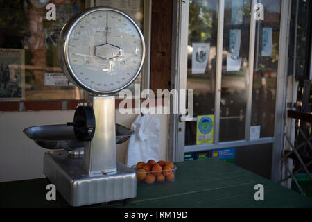 Échelle de poids avec un panier d'abricots sur le côté. Marché local. Banque D'Images