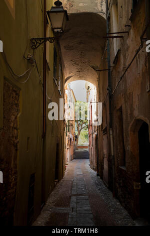 Ruelle pittoresque avec une lumière de la rue antique et un arbre à l'autre extrémité. Albenga, en ligurie, italie. Banque D'Images