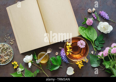 Les herbes médicinales et les plantes, ouvrez le papier vierge livre. Mug en verre d'une tisane et petit pot de miel. Vue d'en haut. Banque D'Images