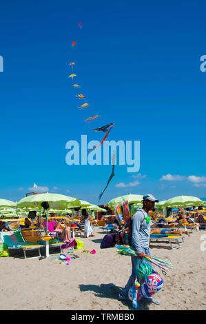 Man selling kites, plage de Poetto Cagliari, Sardaigne, Italie , Banque D'Images