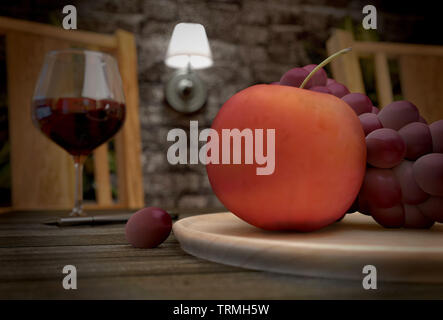 Raisins et pommes sur fond de vin et lampe. Le rendu 3D Banque D'Images