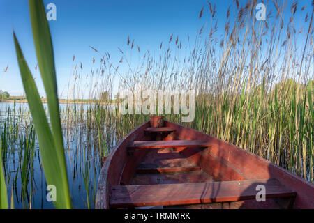 Rouge en bois barque amarré à une jetée rustique sur un lac entre les roseaux et nénuphars dans un paysage rural pittoresque Banque D'Images