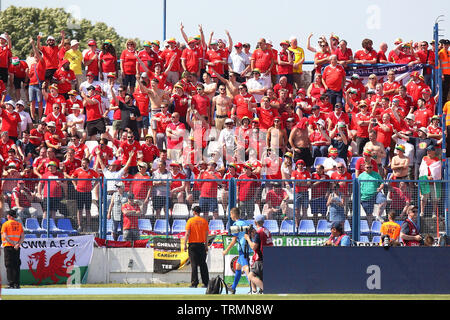 Osijek, Croatie. Le 08 juin, 2019. Fans de galles. Croatie v Pays de Galles, l'UEFA Euro 2020, groupe E match qualificatif à l'Gradski Stadion à Osijek, Croatie le samedi 8 juin 2019. Ce droit ne peut être utilisé qu'à des fins rédactionnelles. Utilisez uniquement rédactionnel, pic de Gareth John/Andrew Orchard la photographie de sport/Alamy live news Crédit : Andrew Orchard la photographie de sport/Alamy Live News Banque D'Images