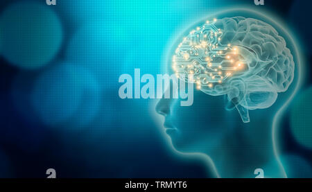 Cerveau PCB avec 3D render profil tête humaine. L'intelligence artificielle ou de la machine ou l'AS des concepts. Vision futuriste ou l'informatique et la technologie avancée Banque D'Images
