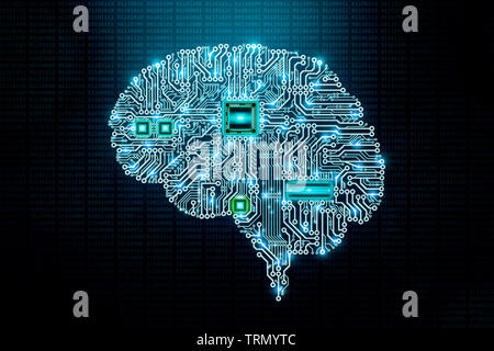 Les droits de l'cerveau électronique circuit imprimé ou la conception de pcb avec des composants et de la cpu sur fond de code binaire. Le transhumanisme, artificiel ou machine int Banque D'Images