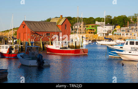 Rockport Harbor. Pêche rouge Faire connaître comme numéro un motif, Rockport, Massachussetts, New England, USA Banque D'Images