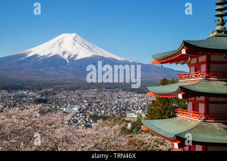 L'Asie, Japon, Honshu, préfecture de Yamanashi, Fujiyoshida, Mt Fuji (3776m) - site de l'Unesco, dans Arakurayama Chureito Pagoda Park Sengen Banque D'Images