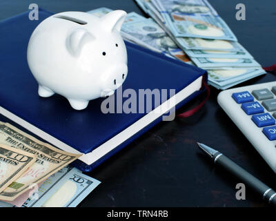Concept d'économiser de l'argent. Piggy Bank et de l'argent à la maison. Banque D'Images