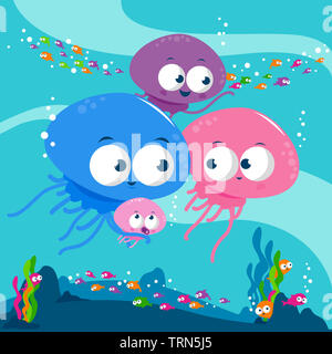 Groupe de personnages mignons de méduses de dessin animé nageant joyeusement sous l'eau. Animaux marins sous le fond marin. Banque D'Images