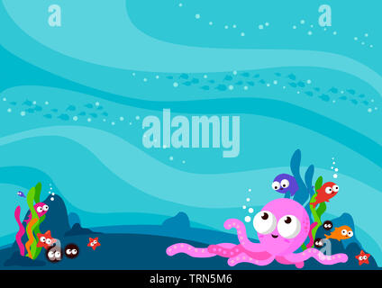 Animaux marins sous-marins fond plein de créatures marines colorées. Poulpe, oursin, étoile de mer et poisson sous la mer. Banque D'Images