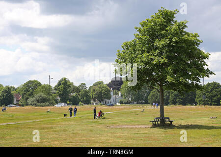 Wimbledon Common, dans le sud-ouest de Londres, Royaume-Uni, l'été. Les gens qui marchent et assis sur la zone herbeuse ouverte autour de l'Étang Rushmere près de Wimbledon Village. Banque D'Images