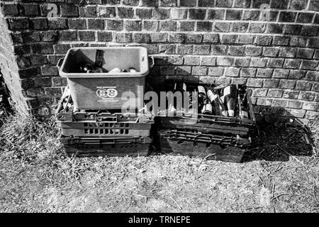 Caisses de bouteilles en verre pour le recyclage collecte, Hattingley, Medstead, Alton, Hampshire, Angleterre, Royaume-Uni. Banque D'Images